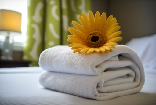 Stack of towels and flower on bed in hotel room. Bright gerbera as welcome gesture, room service, accommodation concept, copy space eps 10